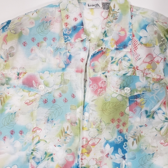 Pastel Floral Print Sheer Shacket Sz M Fairy Y2K Full Zip Cover Up Shirt Jacket - Picture 2 of 10